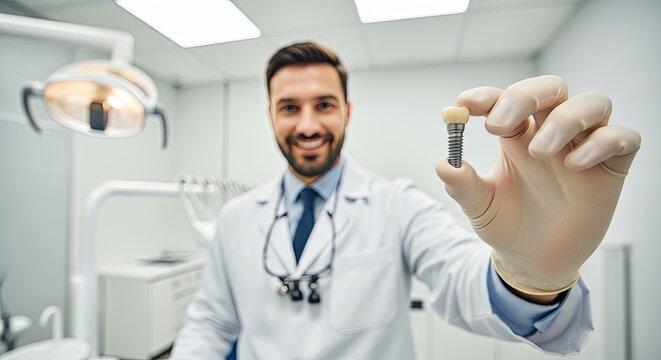 A male dentist holding a dental implant in his gloved hand.