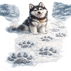 siberian husky in snowy winter landscape, majestic husky dog illustration, fluffy siberian husky standing in snow scene, icy blue gray and white fur palette, bright blue expressive eyes detail, snowy  © Else