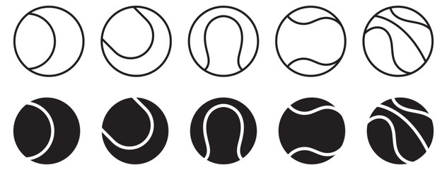 A vector icon set of tennis balls, showcasing both filled and outline styles for sports design .Tennis ball icon set, vector illustration, sports equipment, black and white Vector