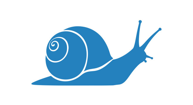 A vivid blue silhouette of a snail, featuring a distinct spiral shell and prominent eyestalks, is centrally positioned on a pure white background.