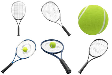 Collection of tennis racquets and tennis balls, a set of sport equipment on transparent background. © Feroz Qazi