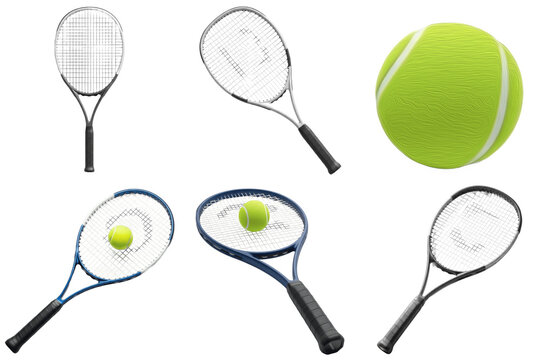 Collection of tennis racquets and tennis balls, a set of sport equipment on transparent background.