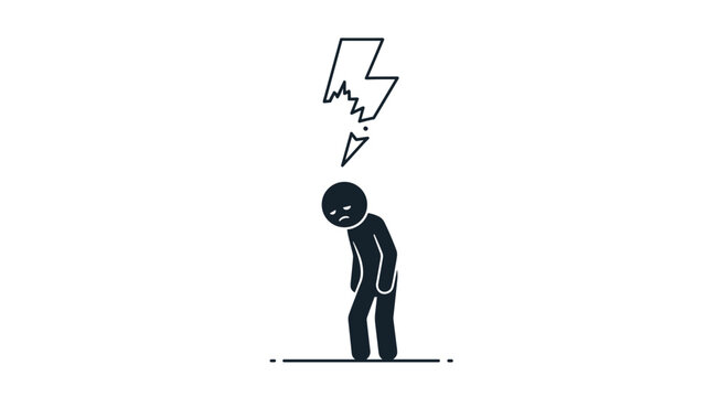 A simple black stick figure with a dejected posture stands beneath a fractured lightning bolt on a pristine white background.