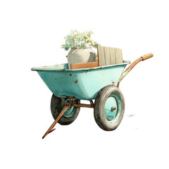 Vintage vintage wheelbarrow, soft watercolor storybook illustration