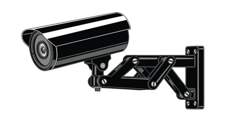 A black bullet-style security camera with an articulated mounting arm is securely fastened to a wall on a white background.