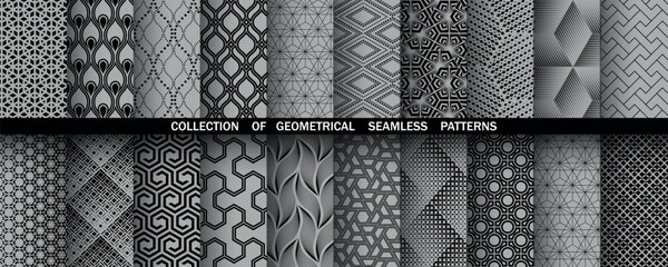 Geometric set of seamless black and gray patterns. Simple vector graphics