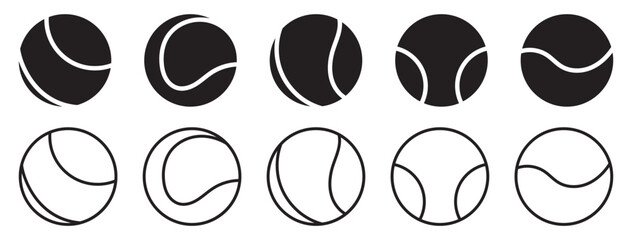 Tennis ball icon set. Sport equipment vector set. Tennis ball collection with static and motion versions for match, training, and game design.