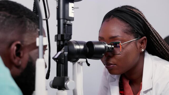 African female optometrist performing an eye exam on a male patient with a slit lamp machine