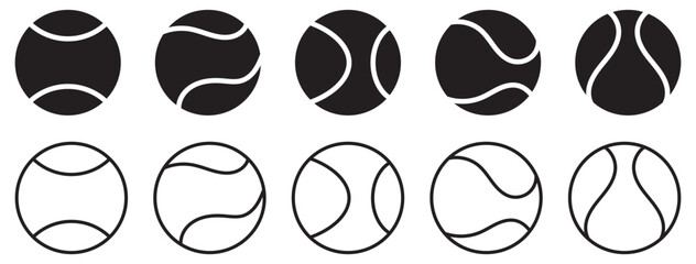 A vector icon set of tennis balls, showcasing both filled and outline styles for sports design .Tennis ball icon set, vector illustration, sports equipment, black and white Vector