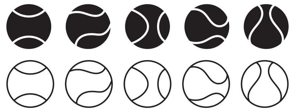 A vector icon set of tennis balls, showcasing both filled and outline styles for sports design .Tennis ball icon set, vector illustration, sports equipment, black and white Vector