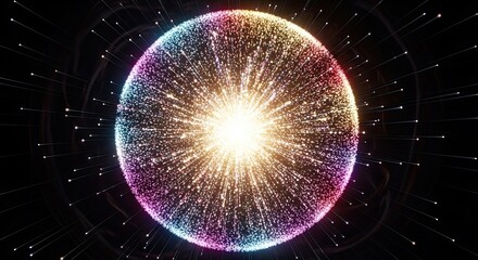 Naklejka premium Vibrant glowing orb with multicolored sparkles and radiant light on a dark starry background