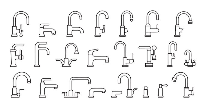 Collection of various outline water taps or faucets for bathroom and kitchen sinks set in linear style