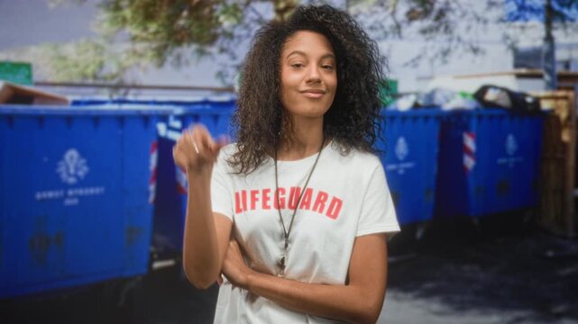 Woman lifeguard with curly hair points finger toward camera while wearing whistle and white lifeguard shirt in street by blue dumpsters and trash bins; confidence duty.