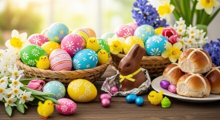 Fototapeta premium Easter eggs and chocolate bunnies on a wooden table with flowers and buns.
