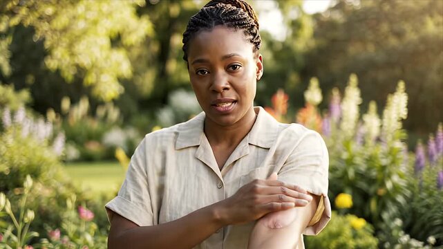 Dark Skinned Adult Woman Showing Skin Irritation on Arm in Garden with Soft Bokeh Lighting Outdoor Awareness Concept