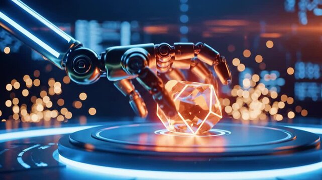 A robotic arm interacts with a glowing orange crystal on a futuristic blue-lit platform