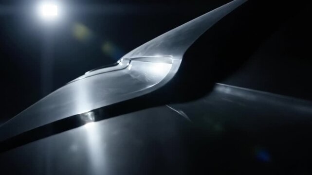 A close-up view of a dark, shiny surface with a subtle sheen and a distinctive seam running along its length, illuminated by a bright light source