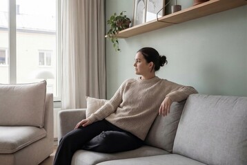 Obraz premium A woman seated on a sofa contemplating in a serene living room