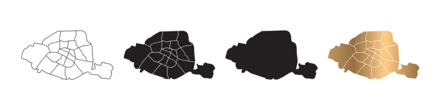 Vector maps of Paris, the capital of France, in various styles, with black and gold line art.