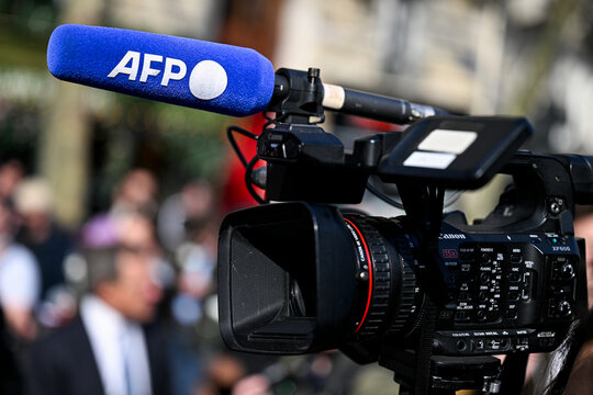 Illustration picture shows a TV television camera and a microphone (mic, mike, micro) with the logo of the French press agency AFP "Agence France-Presse" in Paris, France on March, 8, 2026