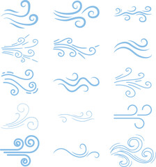 Doodle wind line sketch icon set collection group, hand drawn breeze swirl air flow motion outline symbol, minimal weather element, simple gust, abstract curve design for logo ui infographic.
