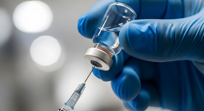 Blue gloved hand holding medical vial and syringe with clear liquid image