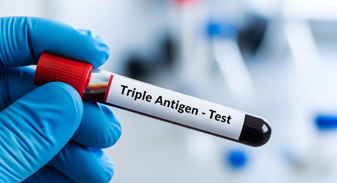 Blue gloved hand holds blood sample vial labeled Triple Antigen Test medical