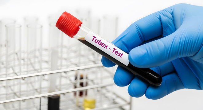Blue gloved hand holds test tube with dark liquid and label holding
