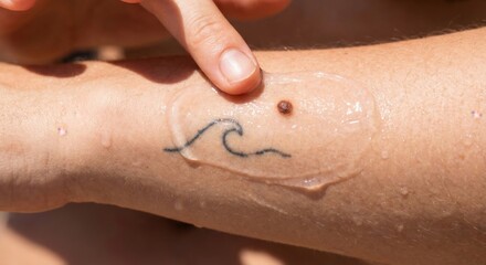Fototapeta premium Person applying clear sunscreen gel to arm with mole and tattoo