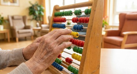 Senior hands using wooden abacus for cognitive exercise