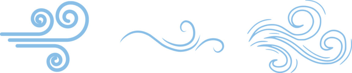 Doodle wind line sketch icon set collection group, hand drawn breeze swirl air flow motion outline symbol, minimal weather element, simple gust, abstract curve design for logo ui infographic.
