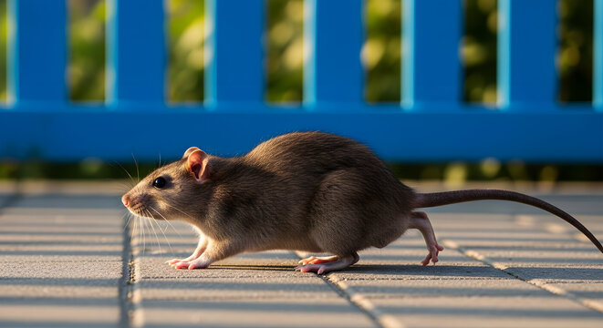 Brown rat scurrying across paved ground with blue fence background rodent animal