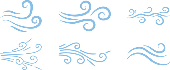 Doodle wind line sketch icon set collection group, hand drawn breeze swirl air flow motion outline symbol, minimal weather element, simple gust, abstract curve design for logo ui infographic.