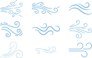 Doodle wind line sketch icon set collection group, hand drawn breeze swirl air flow motion outline symbol, minimal weather element, simple gust, abstract curve design for logo ui infographic.