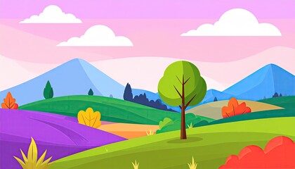 Obraz premium Cartoon landscape with rolling hills, vibrant colors, under a light pink and blue sky