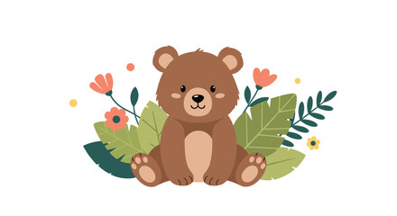 Naklejka premium Adorable brown teddy bear sitting among colorful flowers and green leaves in a charming garden setting for young children.