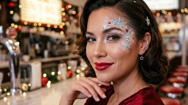 christmas face painting. Confident woman in a red velvet dress smiles as delicate silver and white face jewels form snowflake patterns near her eye; a festive diner bar glows with warm lights...!