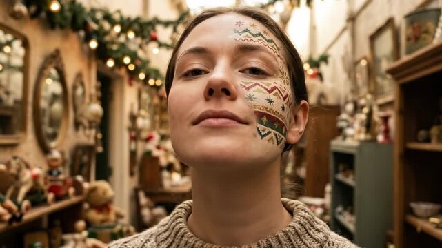 christmas face painting. Person tilts chin upward, displaying intricate geometric face paint in a warm, cozy shop brimming with holiday ornaments, toys, wreaths, garlands and soft glowing lights