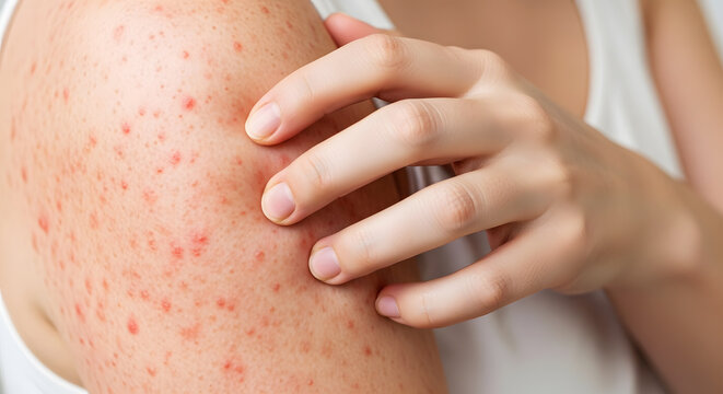 Close up of a person's arm with red acne pimples and a hand touching the skin rash