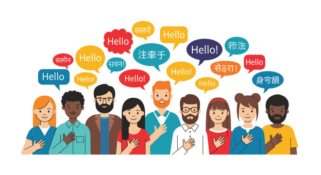 Diverse group of people from different cultures greeting with hands on hearts and speech bubbles saying hello in many languages.