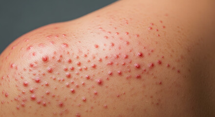 Fototapeta premium Close up of human skin with numerous red pimples and blemishes acne