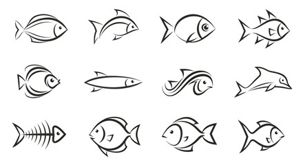 Obraz premium Set of black and white fish illustrations featuring stylized line art and marine silhouettes.