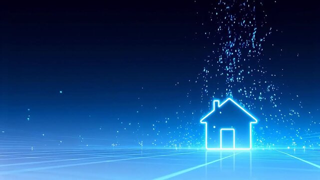 Digital house icon with glowing particles