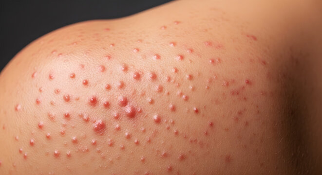 Close up of human skin with red acne pimples and blemishes image