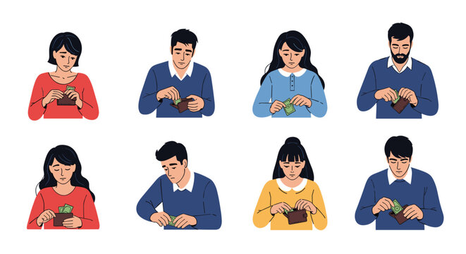 Group of diverse people looking sad and worried while checking their empty wallets during a financial crisis or money problems.