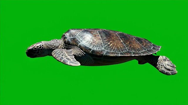 Green Screen Sea Turtle Swimming - A full body shot of a sea turtle swimming forward gracefully against a green screen background. The turtle has a patterned shell and strong flippers.