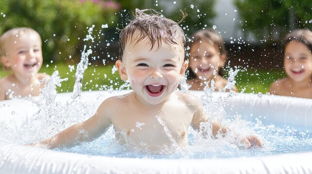 A group of kids splashing in a kiddie pool, playful summer fun, copy space included,
