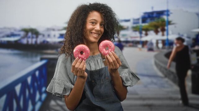 Woman cook wearing apron and gingham top holding two pink doughnuts with hands and smiling on street; sweet happiness.
