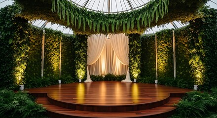 Obraz premium Luxurious Indoor Botanical Wedding Ceremony Altar with Lush Greenery and Soft Lighting