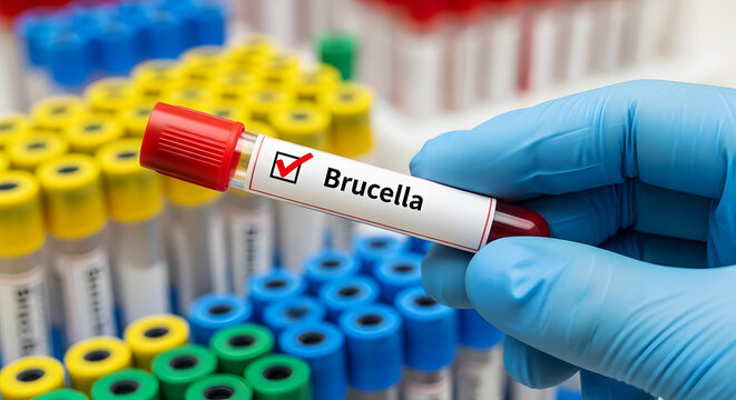 Hand in blue glove holding blood test tube labeled Brucella medical